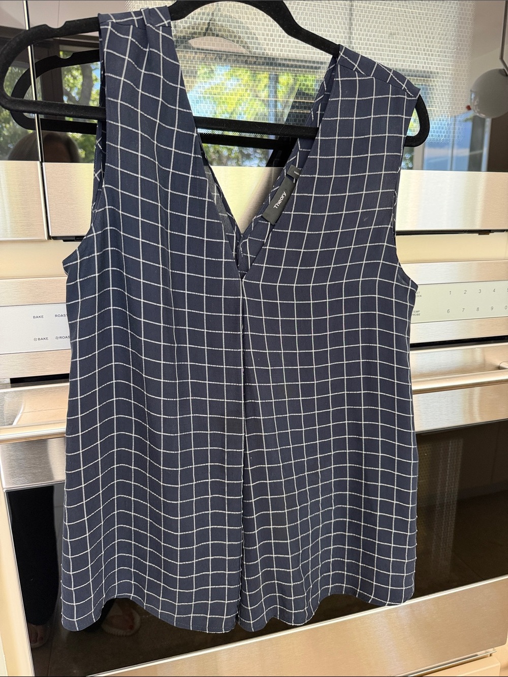 Theory Navy and White Windowpane Sleeveless V-Neck Top